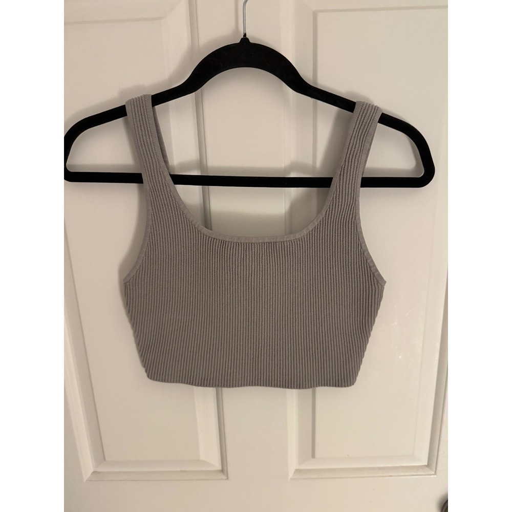 Babaton Ribbed Knit Crop Top Square Neck Sleeveless Grey Taupe Medium